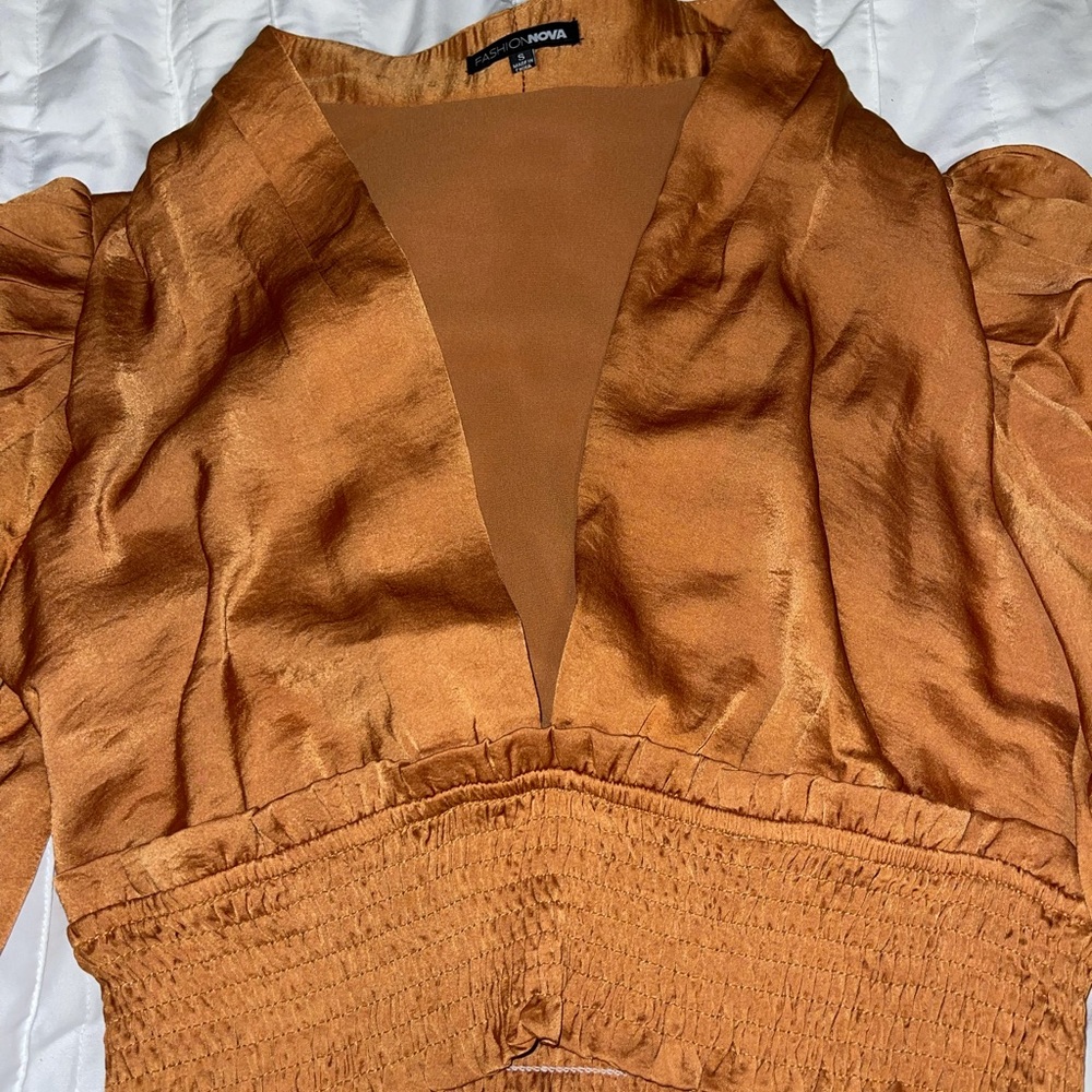 Rust orange v-neck satin blouse - Picture 6 of 8